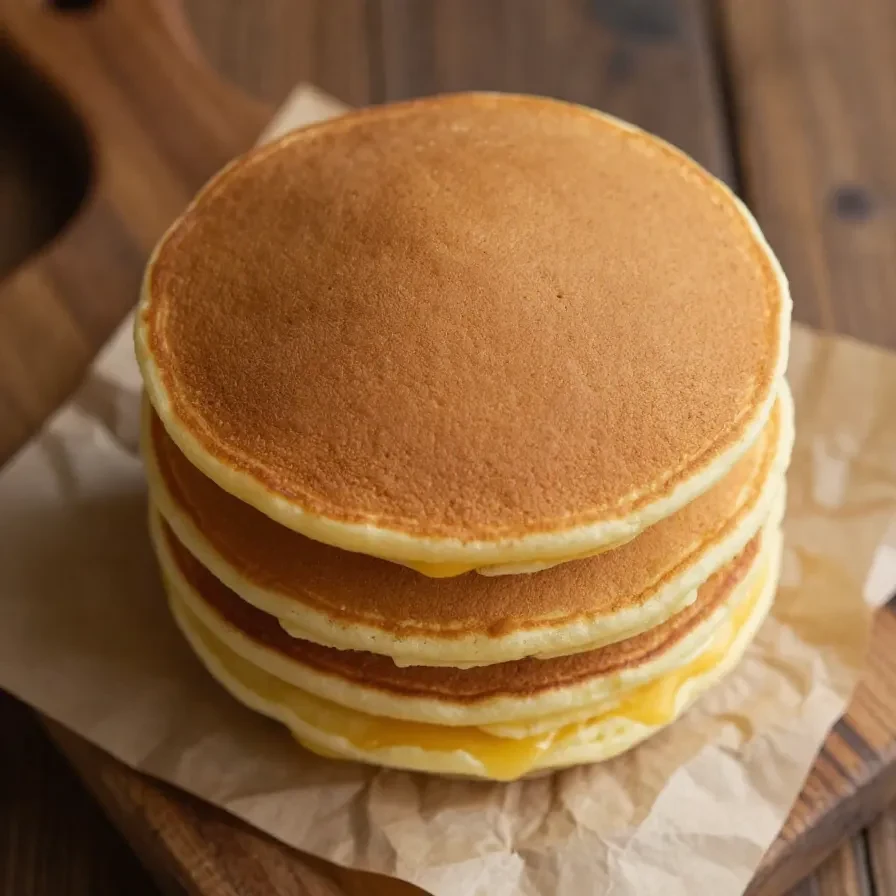 Stack of golden fluffy protein pancakes topped with fresh berries and syrup on a white plate.