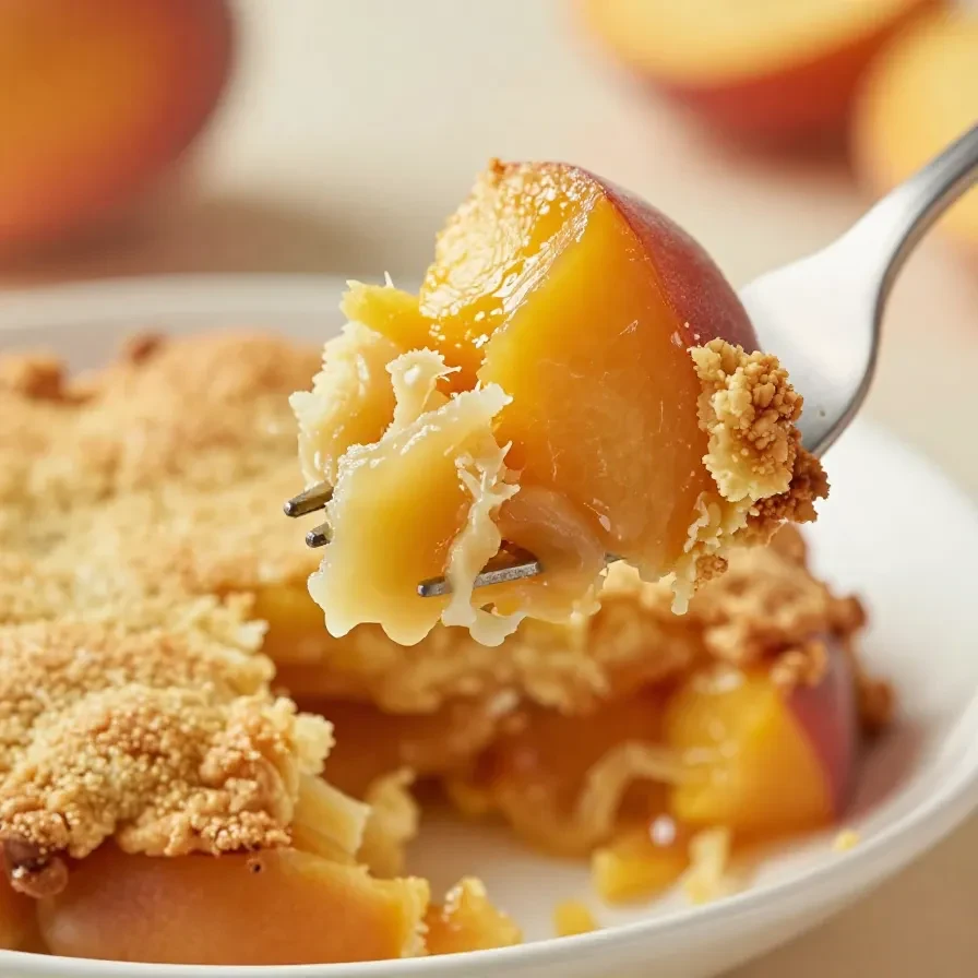 A homemade peach cobbler served in a baking dish with fresh peaches on the side.