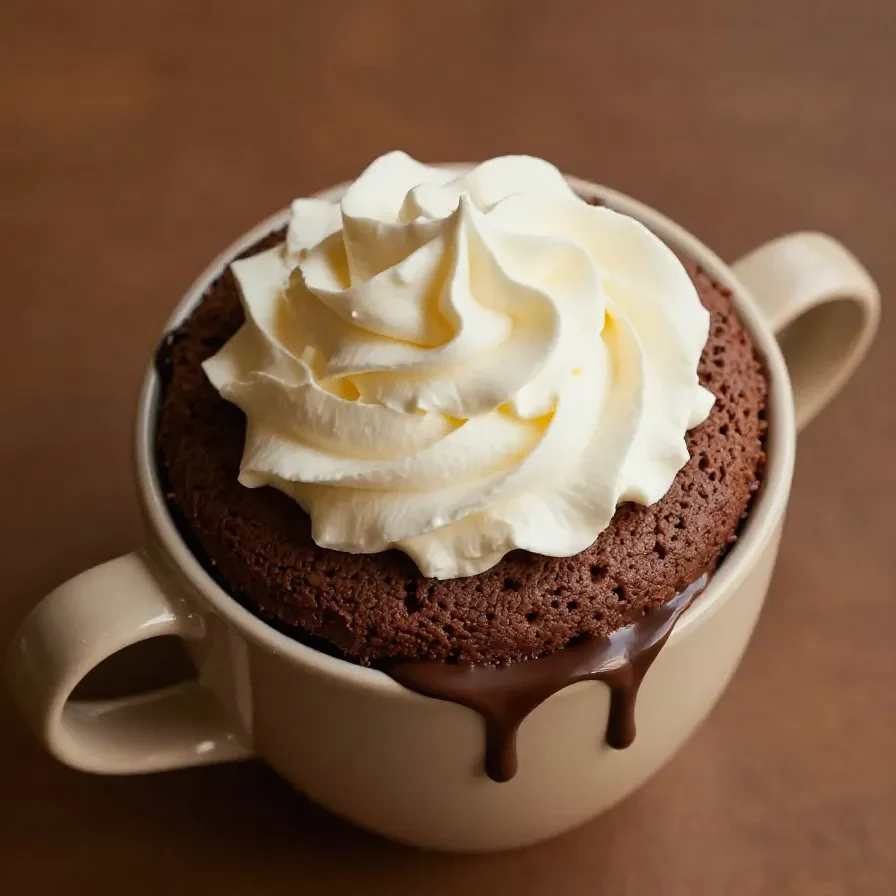 A rich chocolate protein cake served in a white mug, perfect for a quick and healthy dessert.