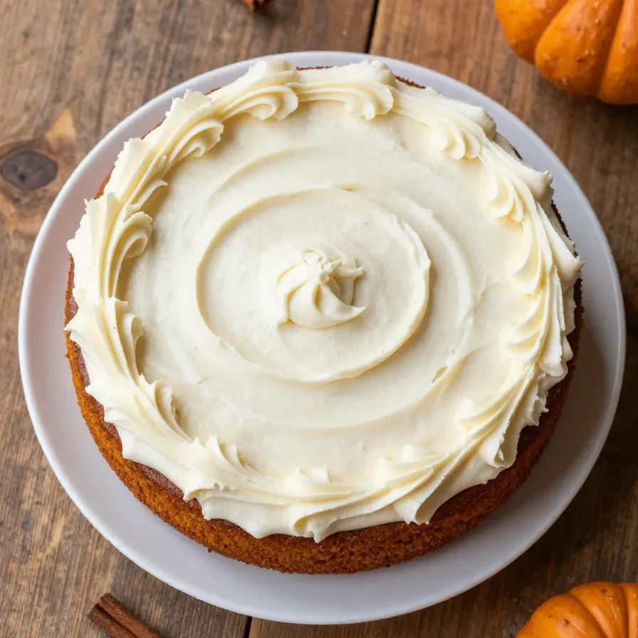 A freshly baked pumpkin spice cake topped with creamy frosting on a wooden table.