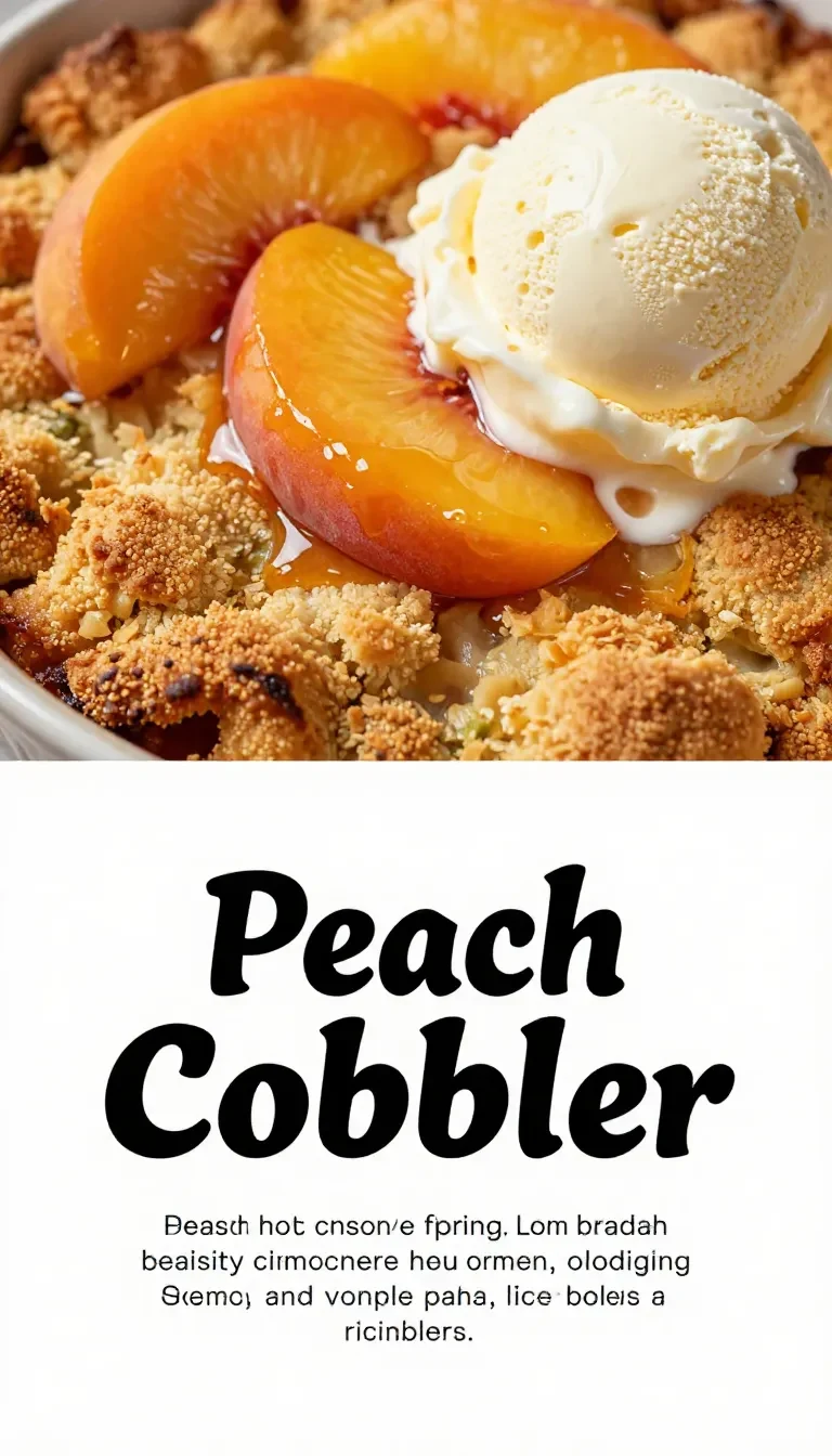 A homemade peach cobbler served in a baking dish with fresh peaches on the side.