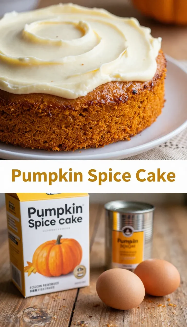 A freshly baked pumpkin spice cake topped with creamy frosting on a wooden table.