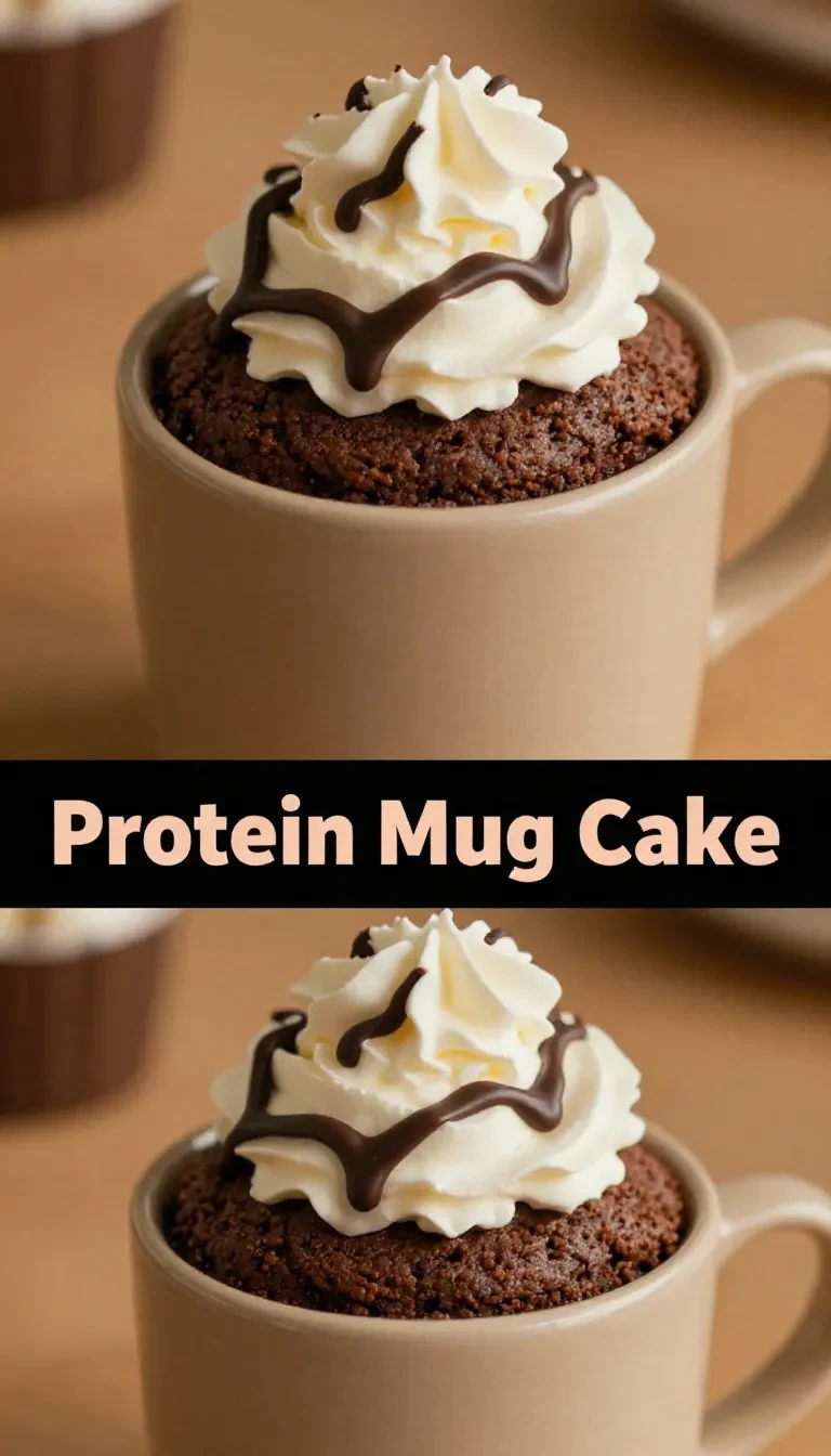 A rich chocolate protein cake served in a white mug, perfect for a quick and healthy dessert.