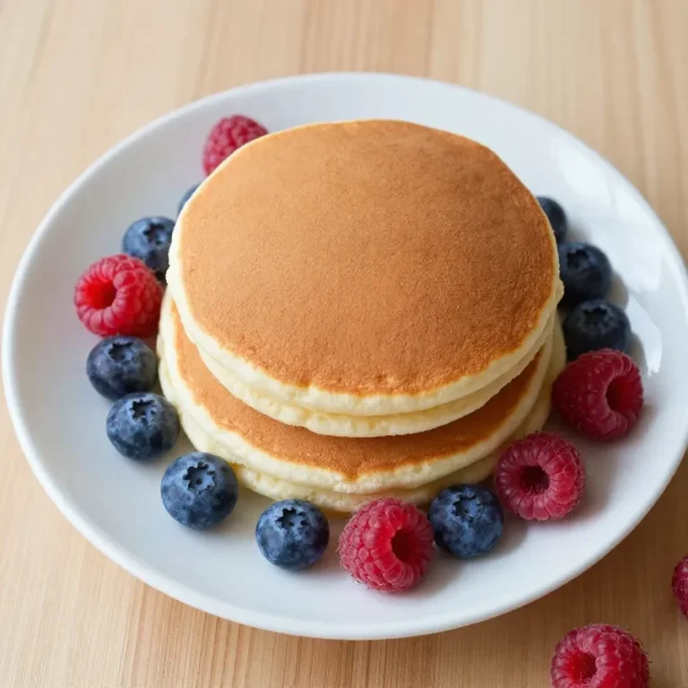Protein Pancakes with Protein Powder A stack of golden protein pancakes served on a plate, topped with fresh fruit and syrup.
