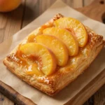 Close-up of mini peach and cream cheese tarts arranged on a white plate.