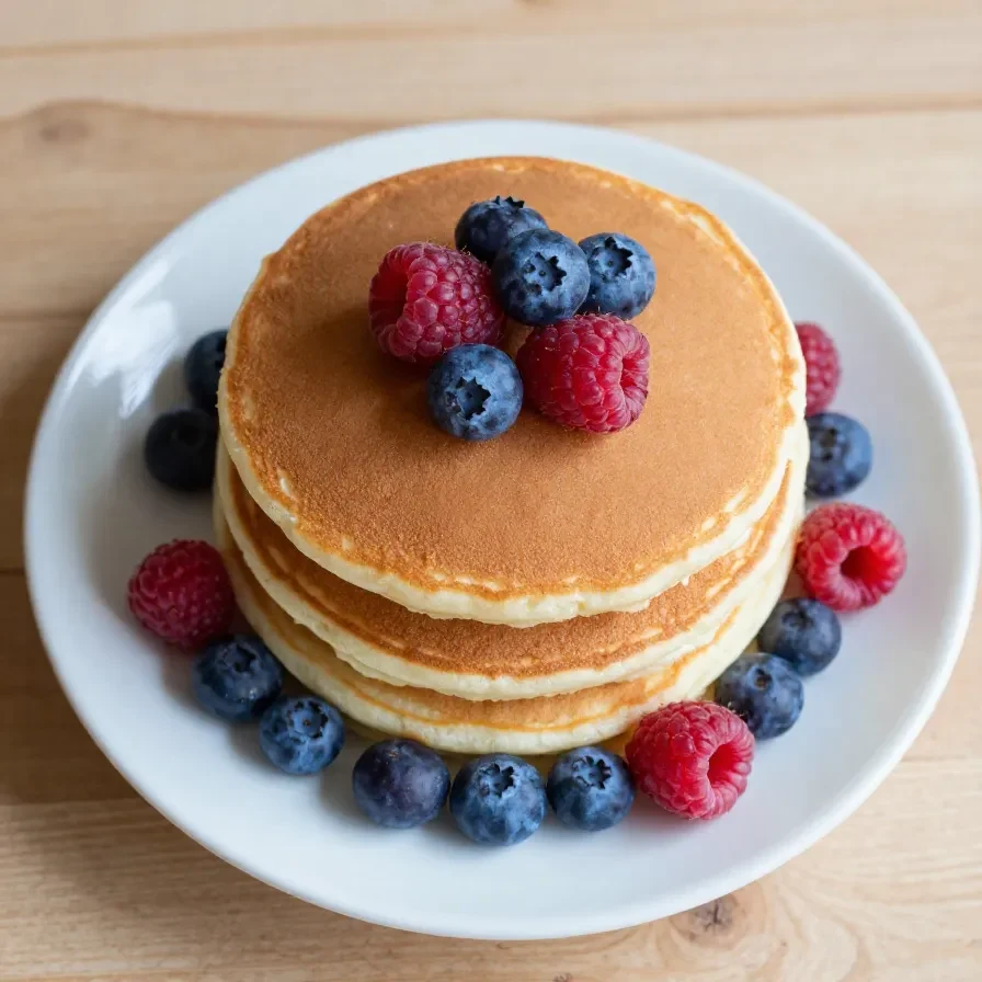 A stack of golden protein pancakes served on a plate, topped with fresh fruit and syrup.