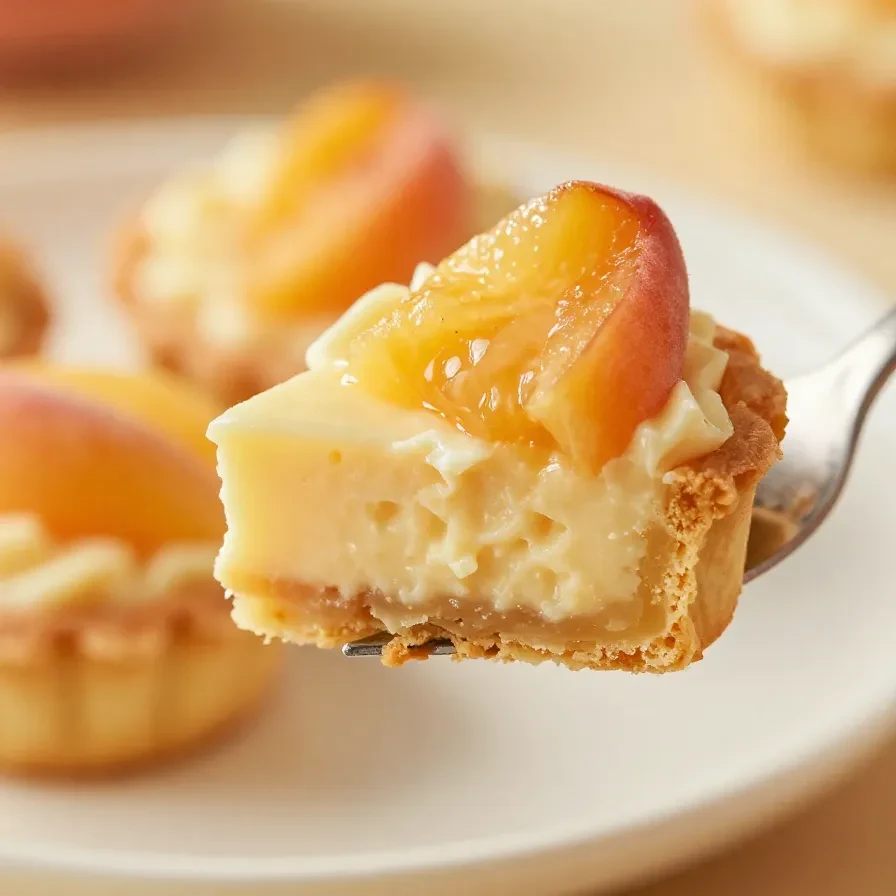 Close-up of mini peach and cream cheese tarts arranged on a white plate.
