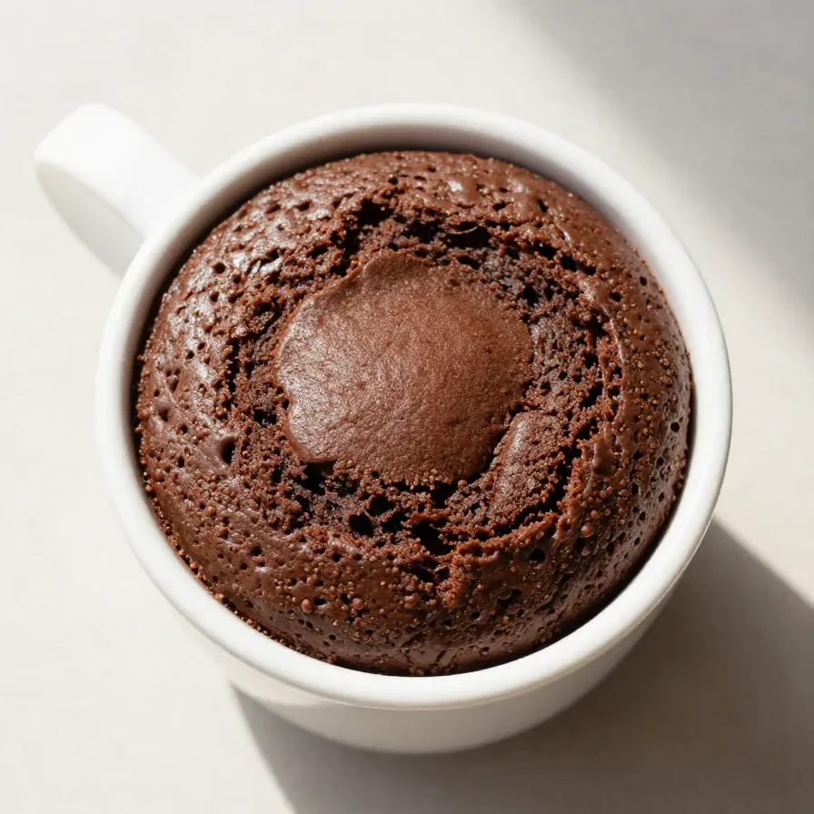 A freshly baked keto mug cake served in a white ceramic mug on a wooden table.
