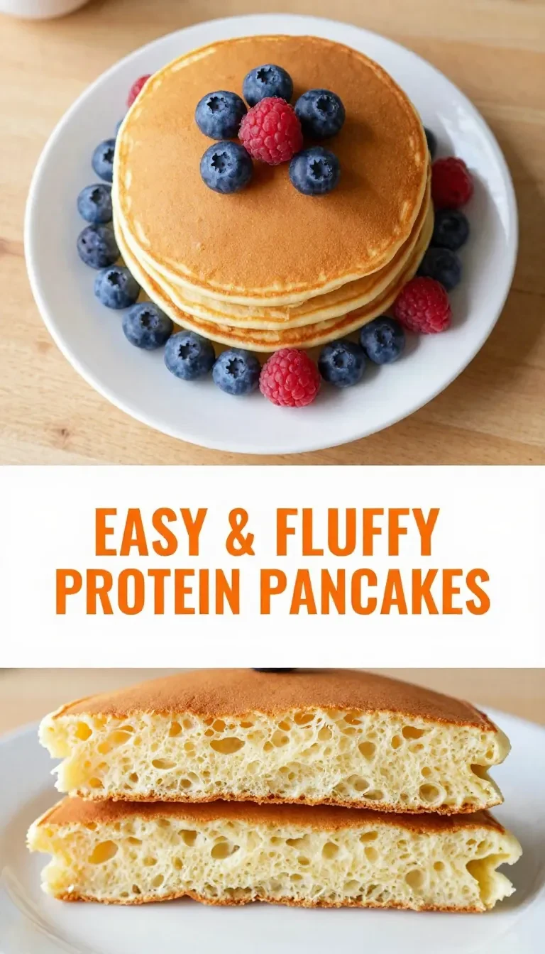 A stack of golden protein pancakes served on a plate, topped with fresh fruit and syrup.