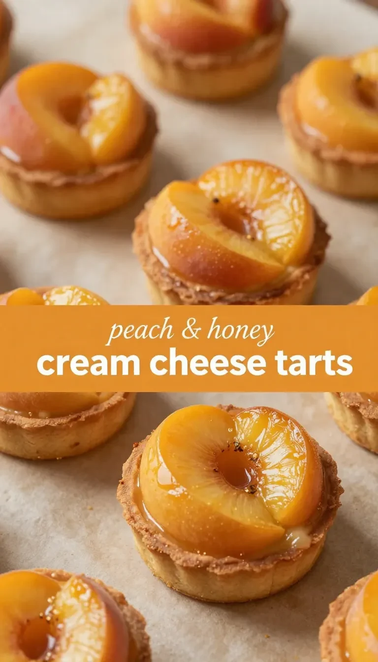 Close-up of mini peach and cream cheese tarts arranged on a white plate.