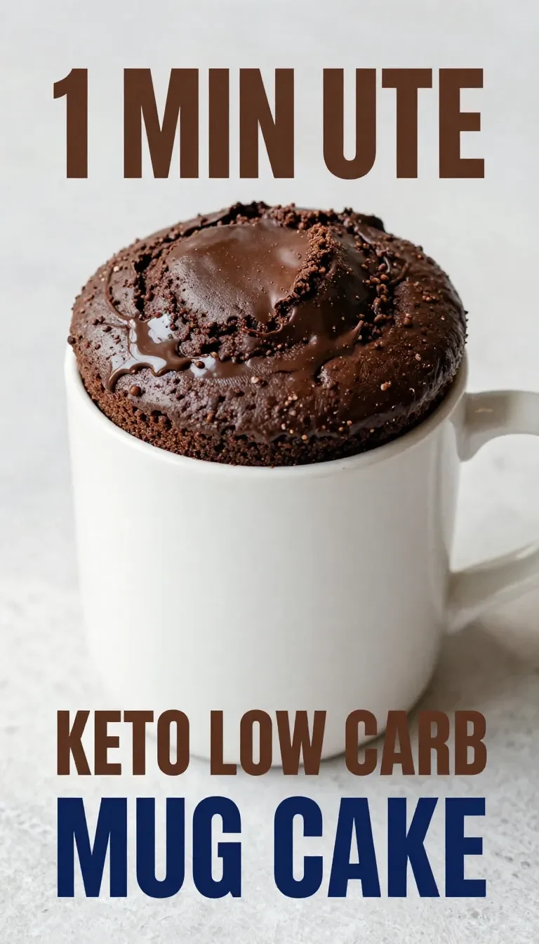 A freshly baked keto mug cake served in a white ceramic mug on a wooden table.