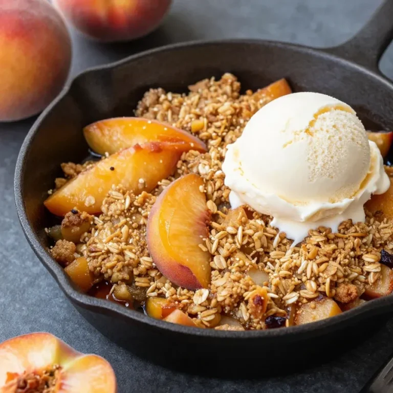 A freshly baked peach crisp in a white baking dish with a golden brown crumbly topping.