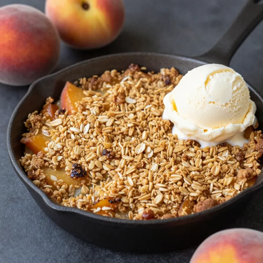 A freshly baked peach crisp in a white baking dish with a golden brown crumbly topping.