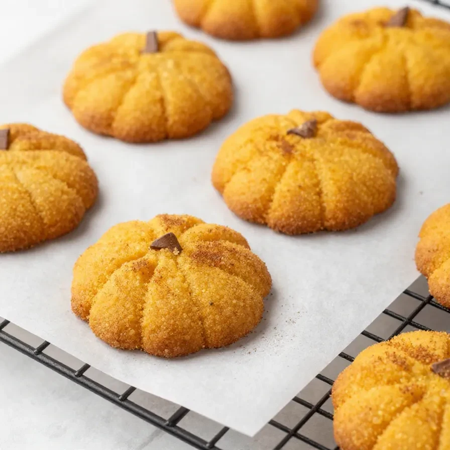 A plate of freshly baked snickerdoodle pumpkin cookies sprinkled with cinnamon sugar.