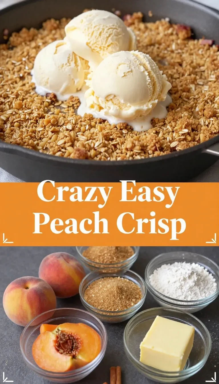A freshly baked peach crisp in a white baking dish with a golden brown crumbly topping.