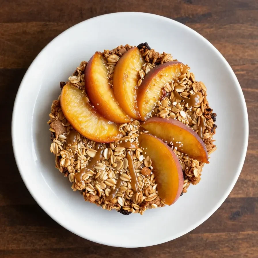 A freshly baked healthy peach crumble served in a white dish.