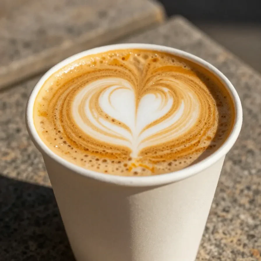 A homemade pumpkin spice latte served in a white mug with cinnamon sticks and a sprinkle of nutmeg on top.