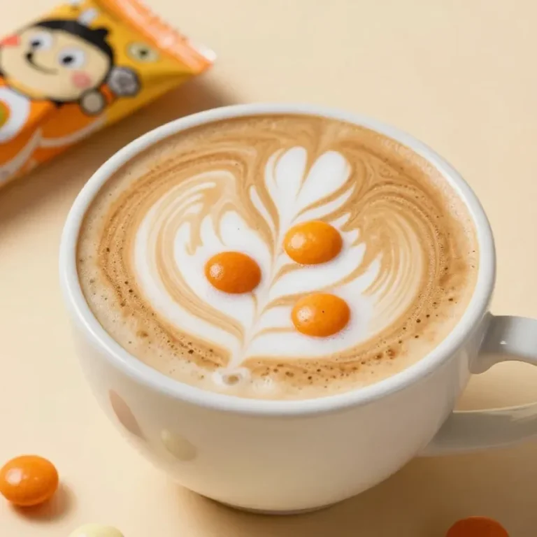 Pumpkin Spice M&M’s Coffee A cup of coffee topped with whipped cream and Pumpkin Spice M&M's on a wooden table.