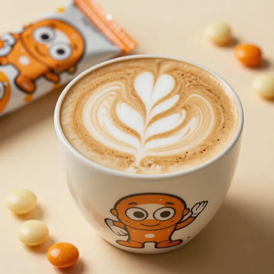 A cup of coffee topped with whipped cream and Pumpkin Spice M&M's on a wooden table.