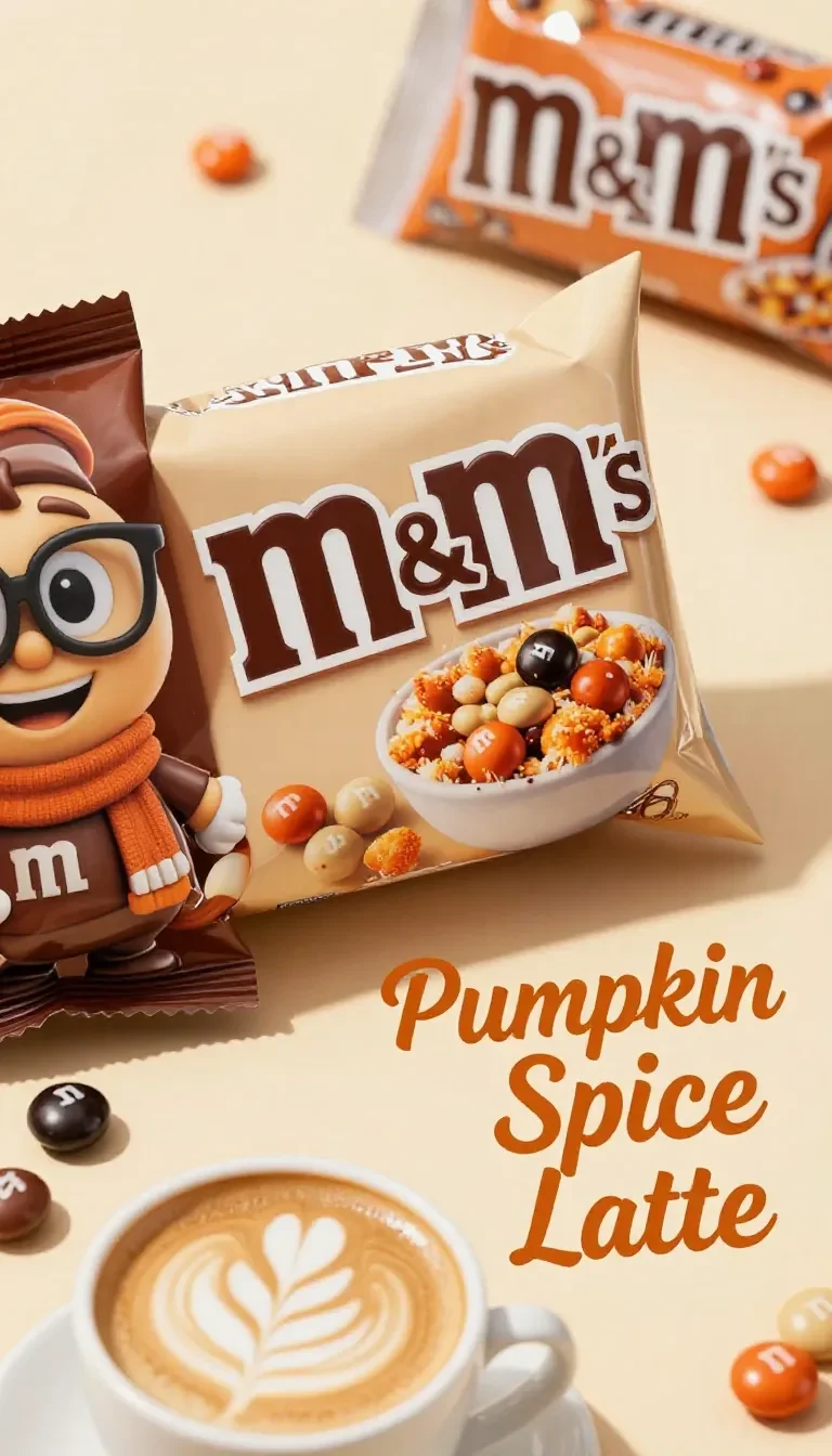A cup of coffee topped with whipped cream and Pumpkin Spice M&M's on a wooden table.