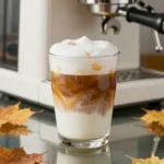 A glass of pumpkin caramel iced latte topped with whipped cream and caramel drizzle, surrounded by fall decor.