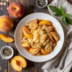 A freshly baked classic Southern peach cobbler with a golden-brown crust in a white baking dish.