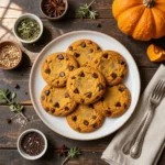 A plate of freshly baked super soft pumpkin chocolate chip cookies on a wooden table.