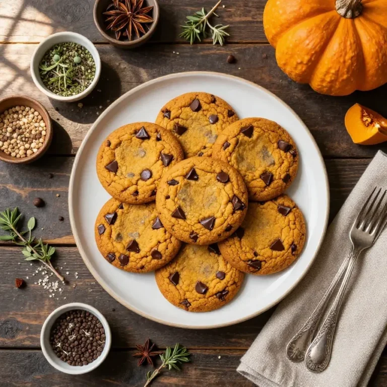 A plate of freshly baked super soft pumpkin chocolate chip cookies on a wooden table.