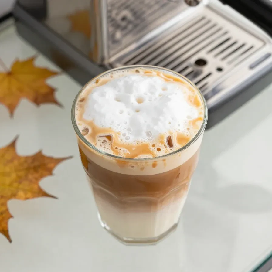 A glass of pumpkin caramel iced latte topped with whipped cream and caramel drizzle, surrounded by fall decor.