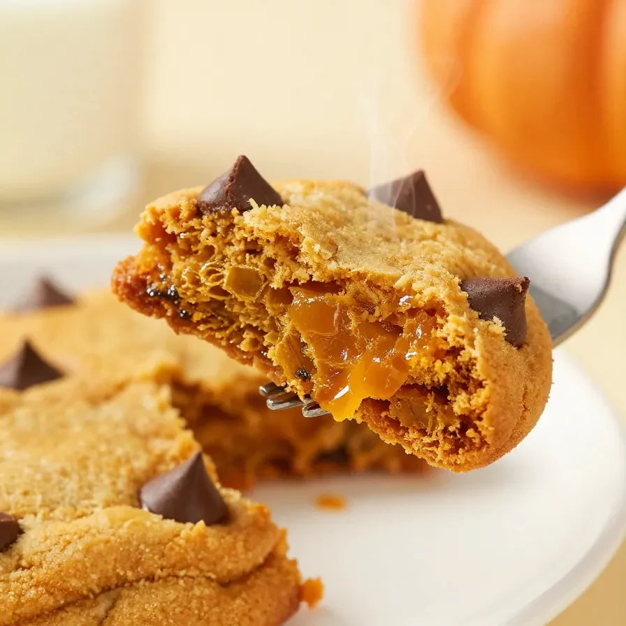 A plate of freshly baked super soft pumpkin chocolate chip cookies on a wooden table.