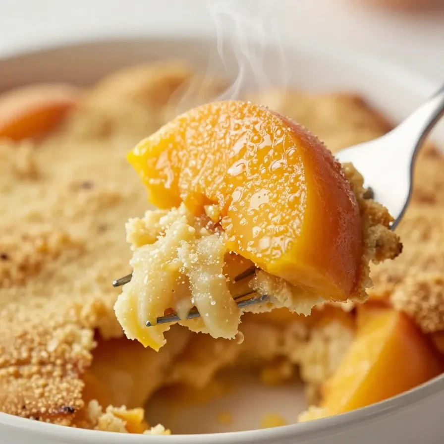 A freshly baked classic Southern peach cobbler with a golden-brown crust in a white baking dish.