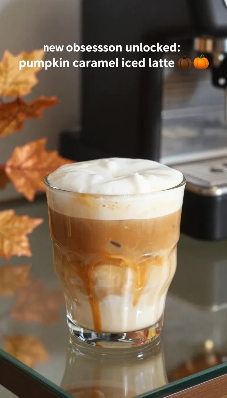 A glass of pumpkin caramel iced latte topped with whipped cream and caramel drizzle, surrounded by fall decor.