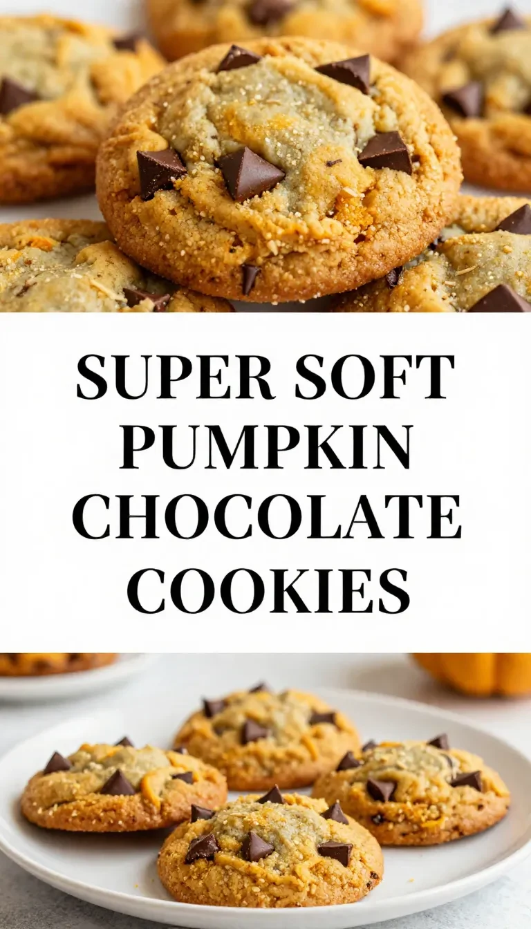 A plate of freshly baked super soft pumpkin chocolate chip cookies on a wooden table.