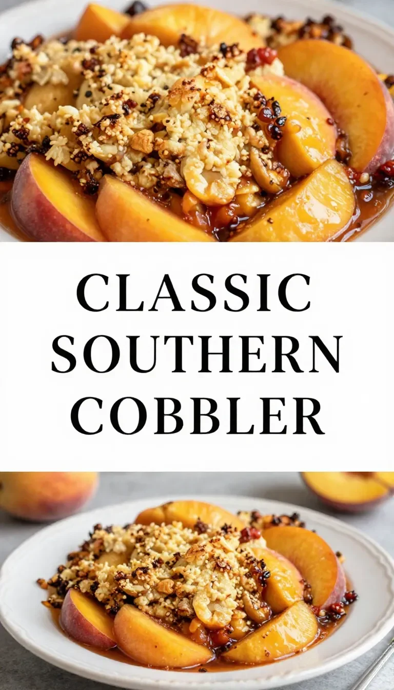A freshly baked classic Southern peach cobbler with a golden-brown crust in a white baking dish.
