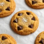 A close-up of freshly baked brown butter pumpkin chocolate chip cookies on a cooling rack.