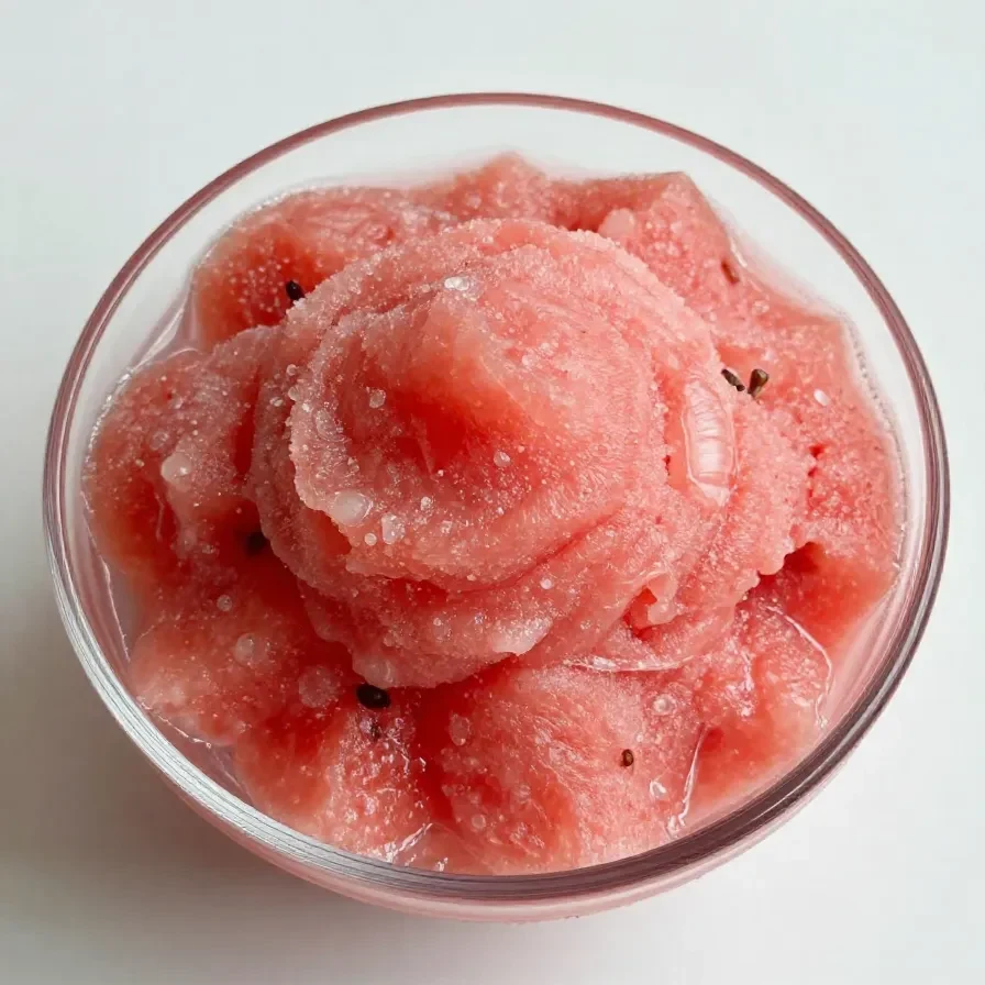 A refreshing watermelon slushie served in a glass with a slice of watermelon.