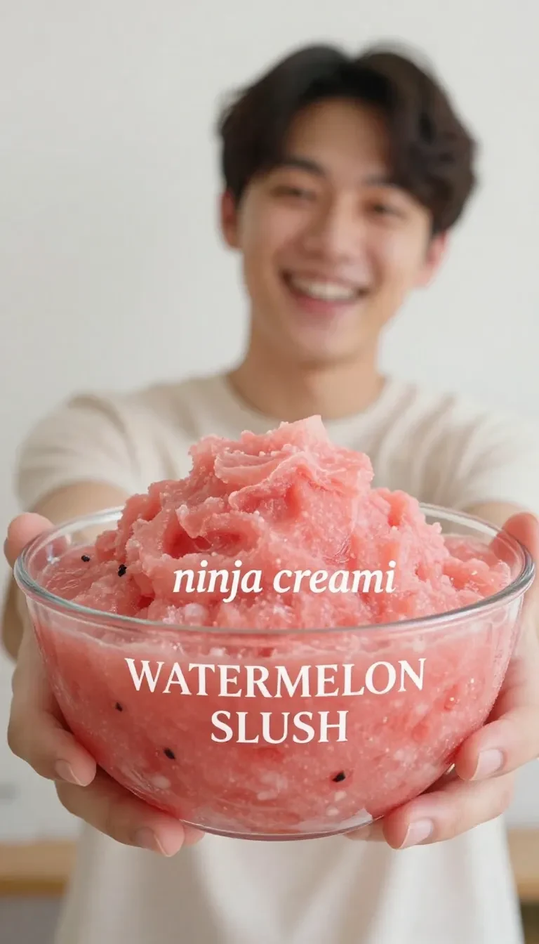 A refreshing watermelon slushie served in a glass with a slice of watermelon.