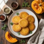 A plate of soft and chewy paleo pumpkin cookies garnished with a sprinkle of cinnamon.