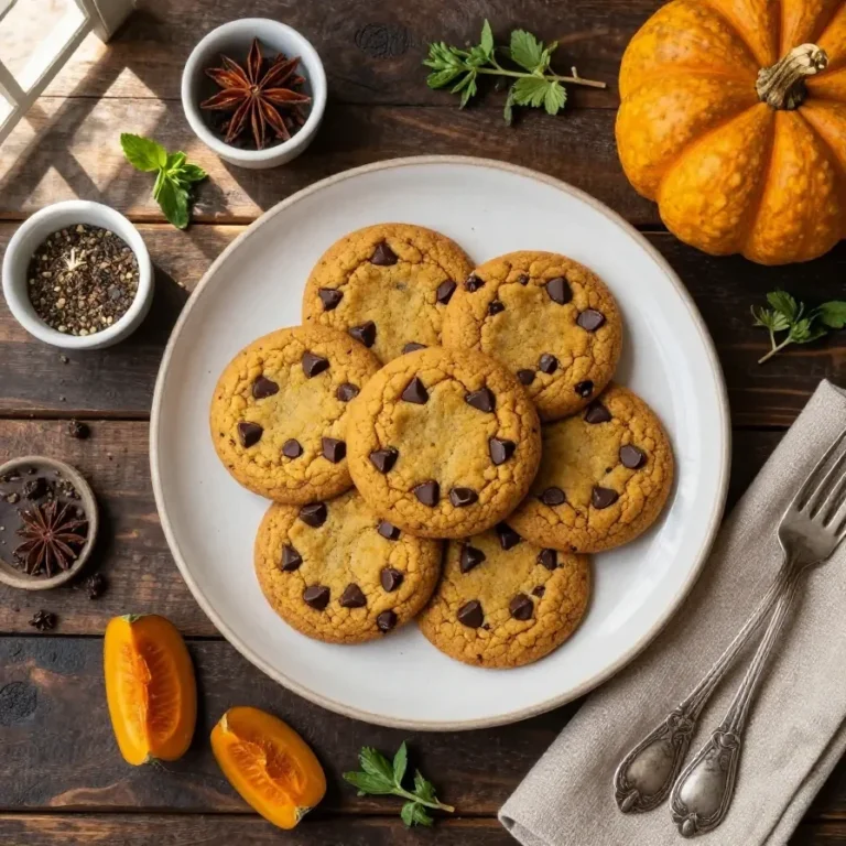 A plate of chewy gluten-free pumpkin cookies with chocolate chips, freshly baked and ready to serve.