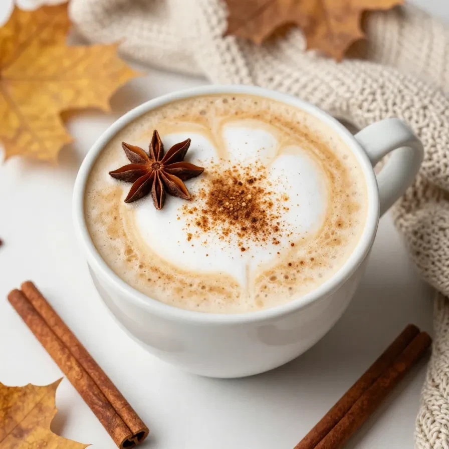 A warm autumn spice latte topped with frothy milk and a sprinkle of cinnamon, served in a cozy ceramic mug.