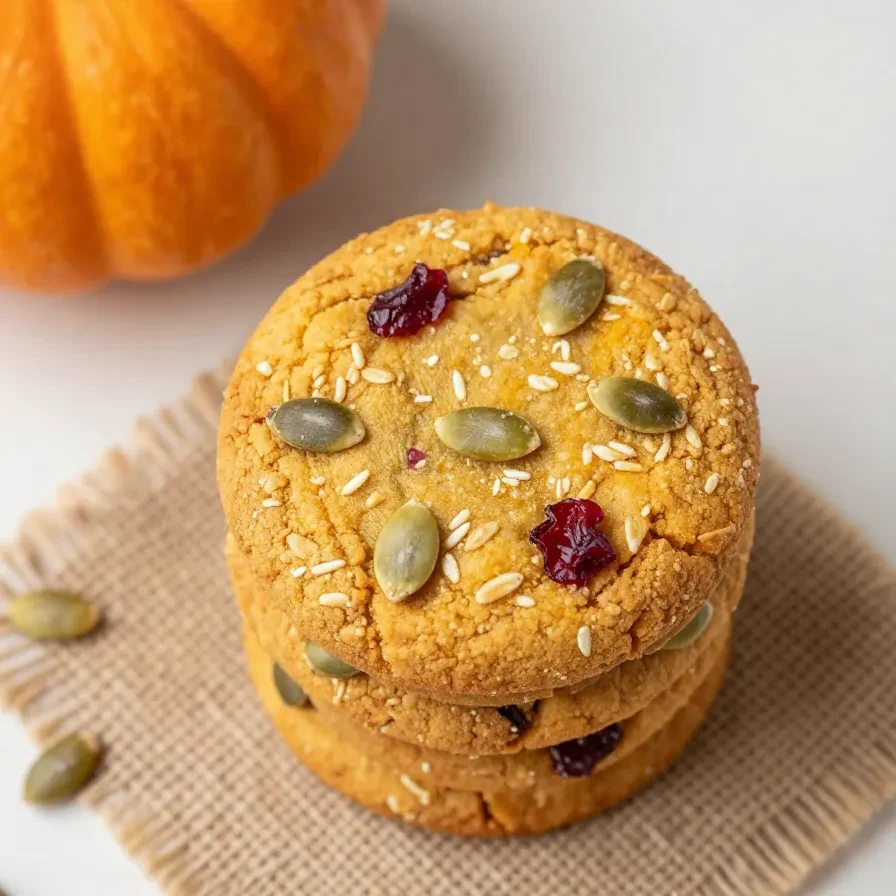 A close-up of pumpkin cranberry breakfast cookies on a wooden surface.