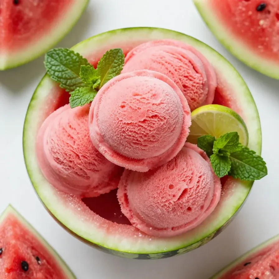 A refreshing scoop of watermelon sorbet served in a bowl.