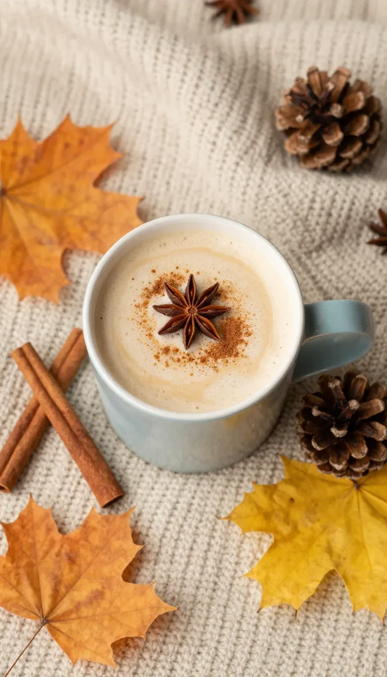 A warm autumn spice latte topped with frothy milk and a sprinkle of cinnamon, served in a cozy ceramic mug.