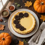 A creamy pumpkin Oreo cheesecake topped with whipped cream and crushed Oreos, perfect for fall desserts.
