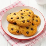 A plate of freshly baked healthy chocolate chip pumpkin cookies on a wooden table.
