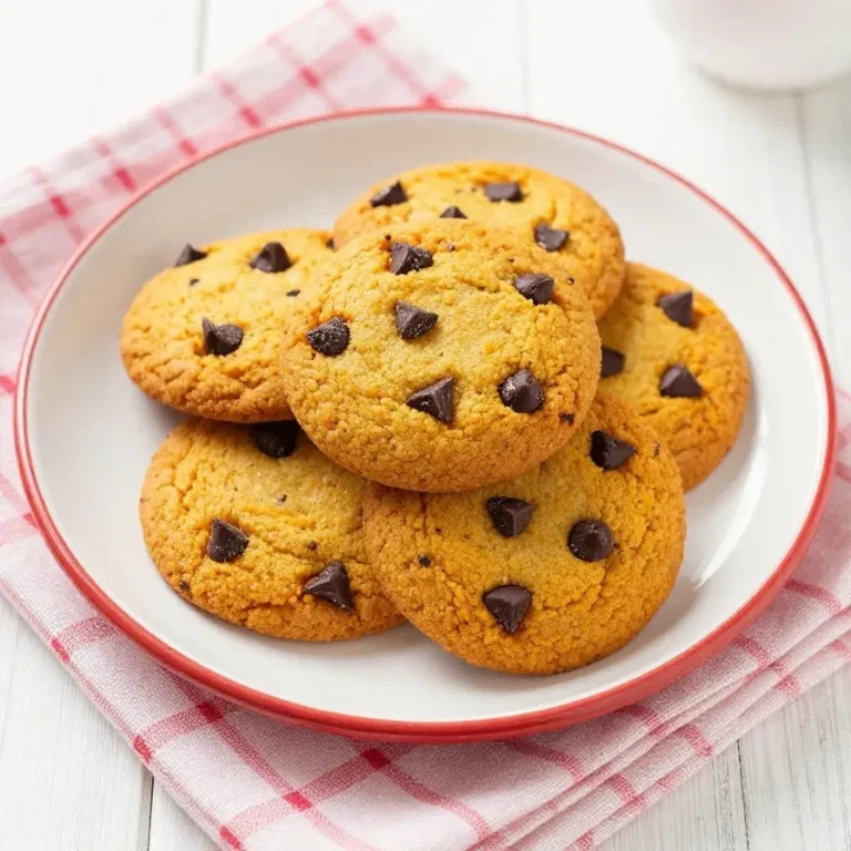 A plate of freshly baked healthy chocolate chip pumpkin cookies on a wooden table.