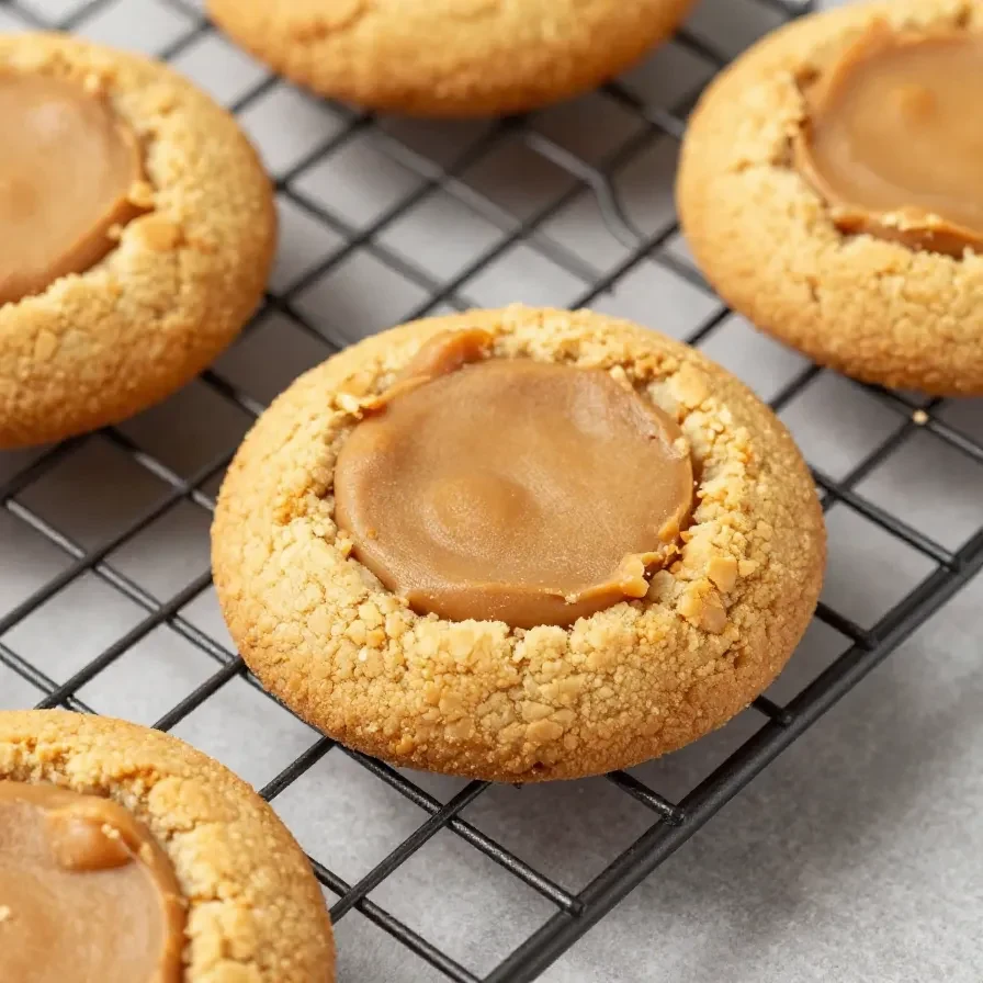 A close-up of freshly baked peanut butter cookies on a cooling rack.