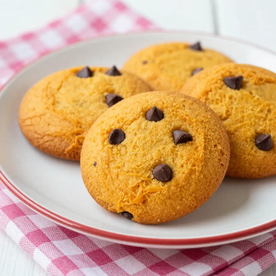 A plate of freshly baked healthy chocolate chip pumpkin cookies on a wooden table.