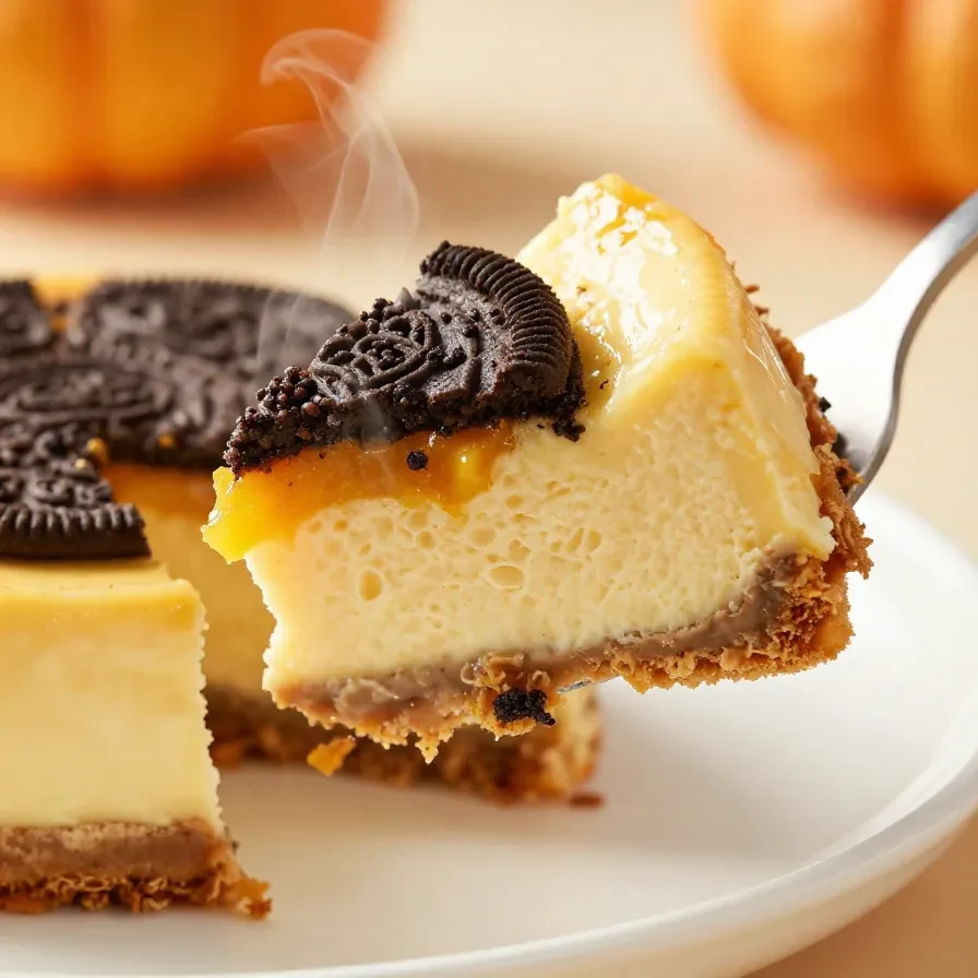 A creamy pumpkin Oreo cheesecake topped with whipped cream and crushed Oreos, perfect for fall desserts.