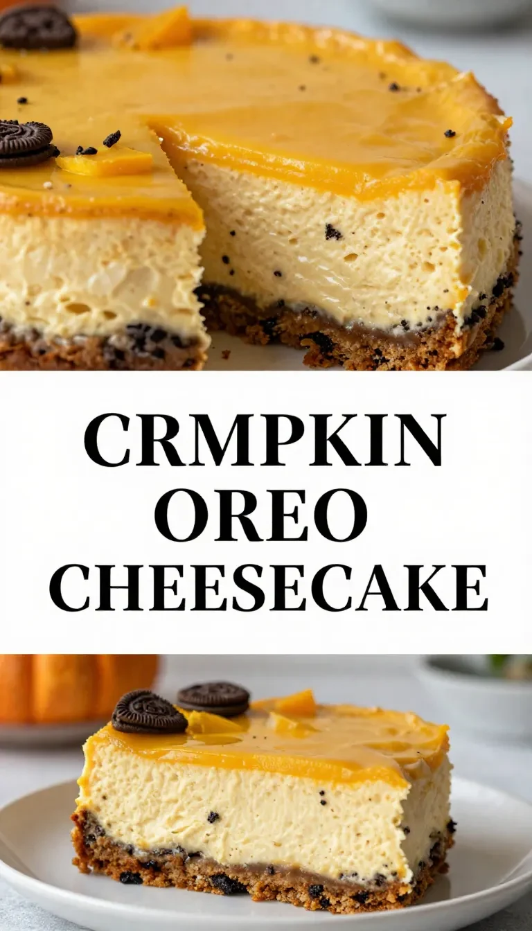 A creamy pumpkin Oreo cheesecake topped with whipped cream and crushed Oreos, perfect for fall desserts.